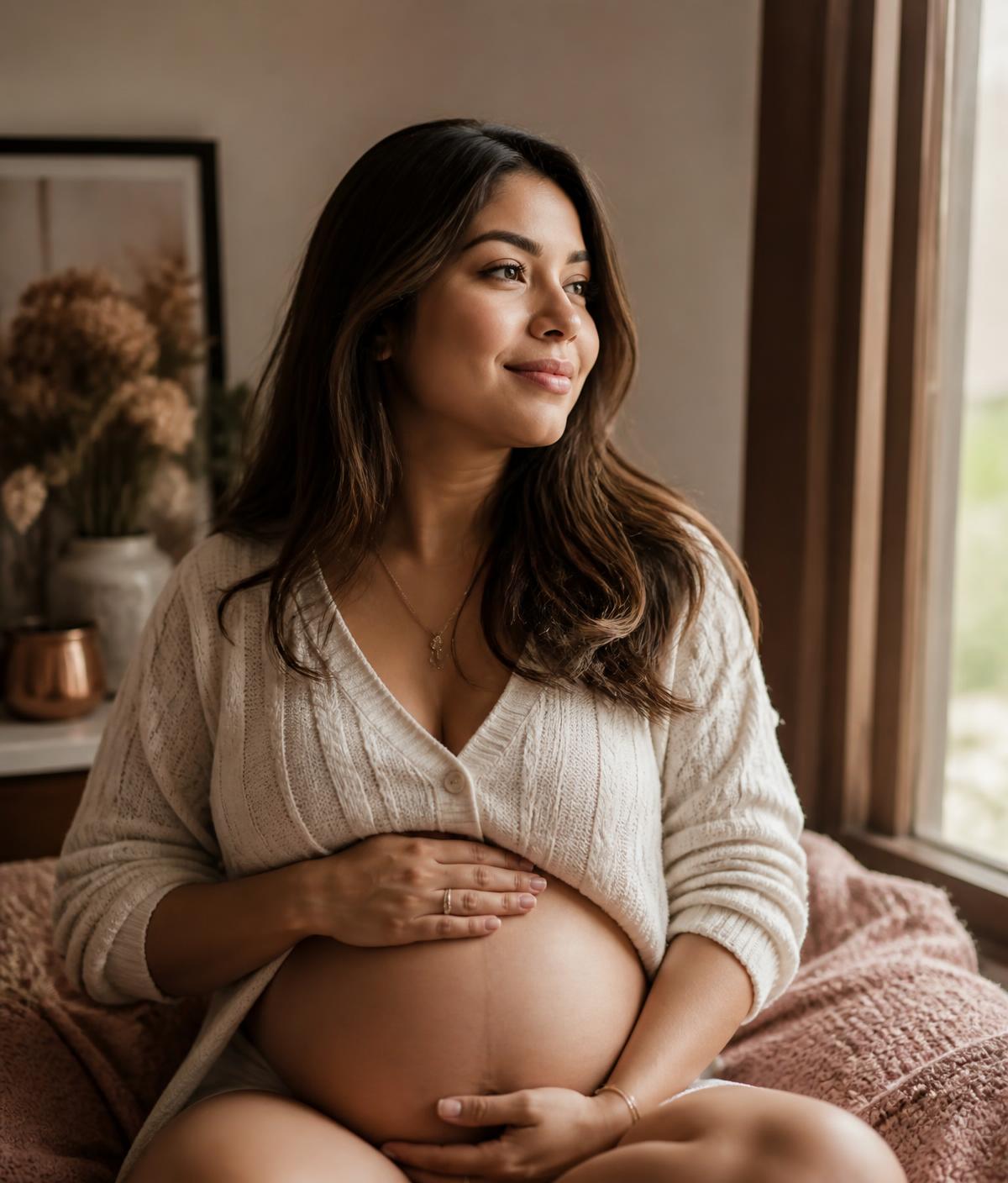 Mãe grávida sentada perto da janela, com as mãos na barriga